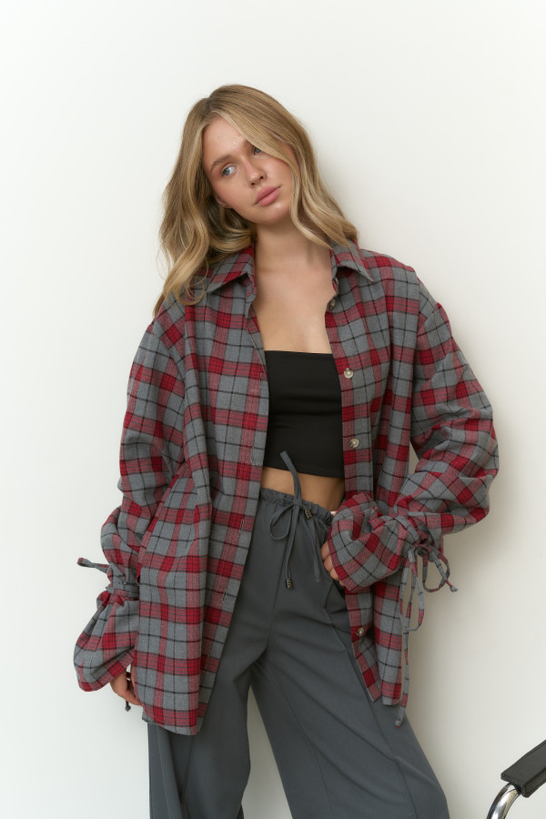 Сорочка фланелева оверсайз cіра з червоним 