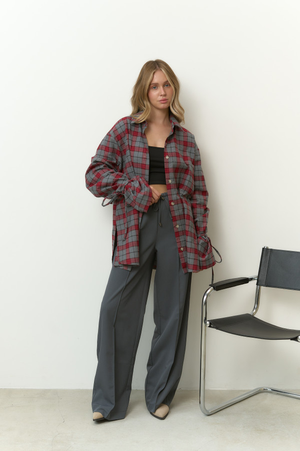 Сорочка фланелева оверсайз cіра з червоним 