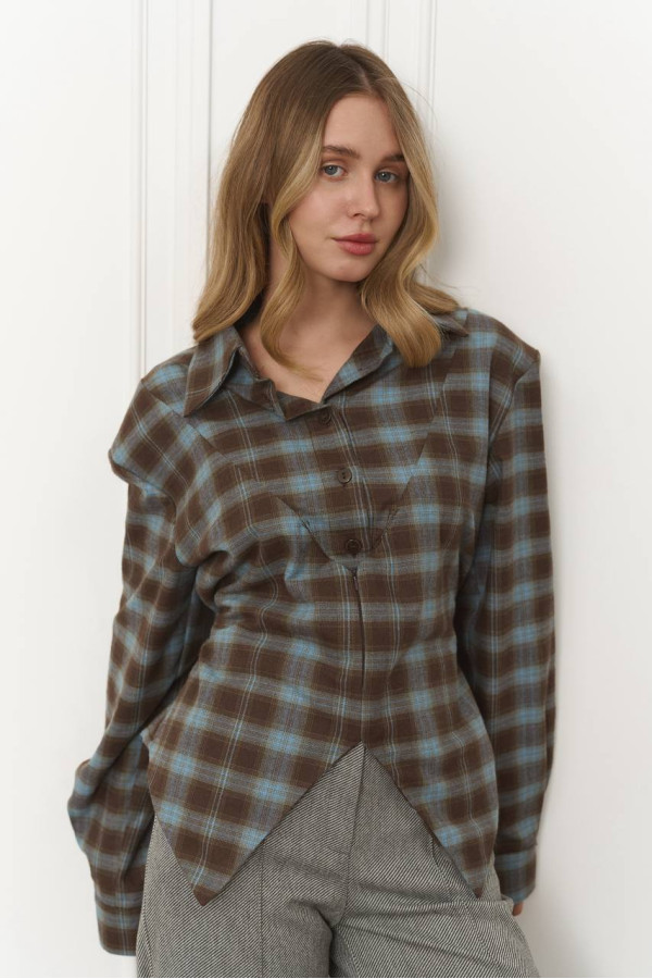 Сорочка клітинка з імітацією корсета  блакитно-шоколадна