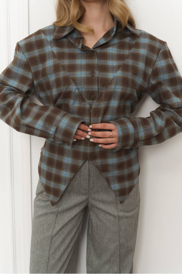 Сорочка клітинка з імітацією корсета  блакитно-шоколадна