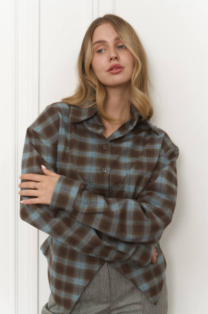 Сорочка клітинка з імітацією корсета  блакитно-шоколадна