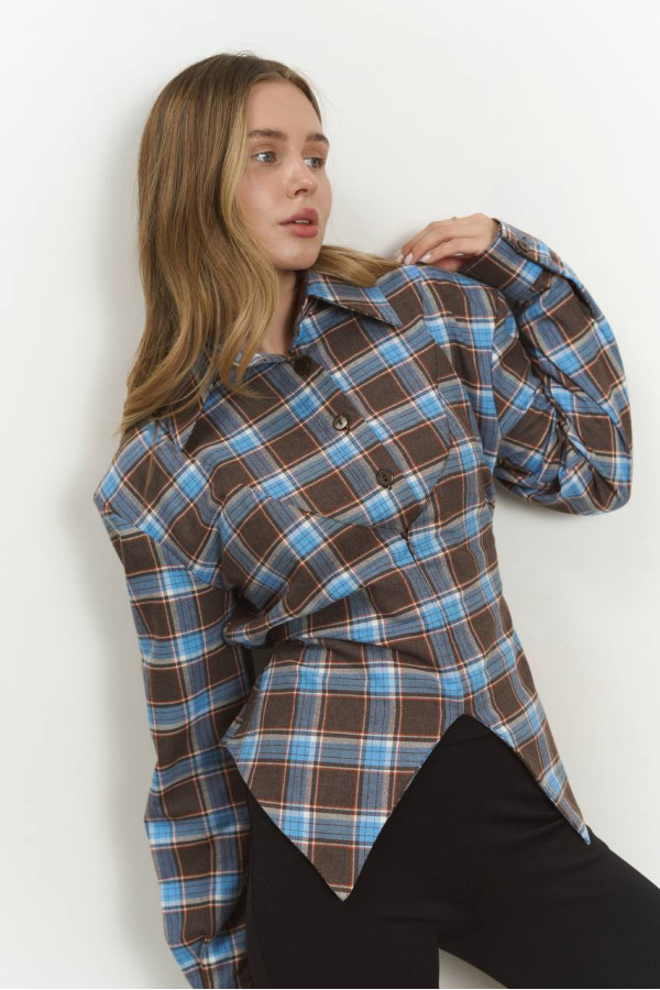 Сорочка клітинка з імітацією корсета  блакитно-шоколадна