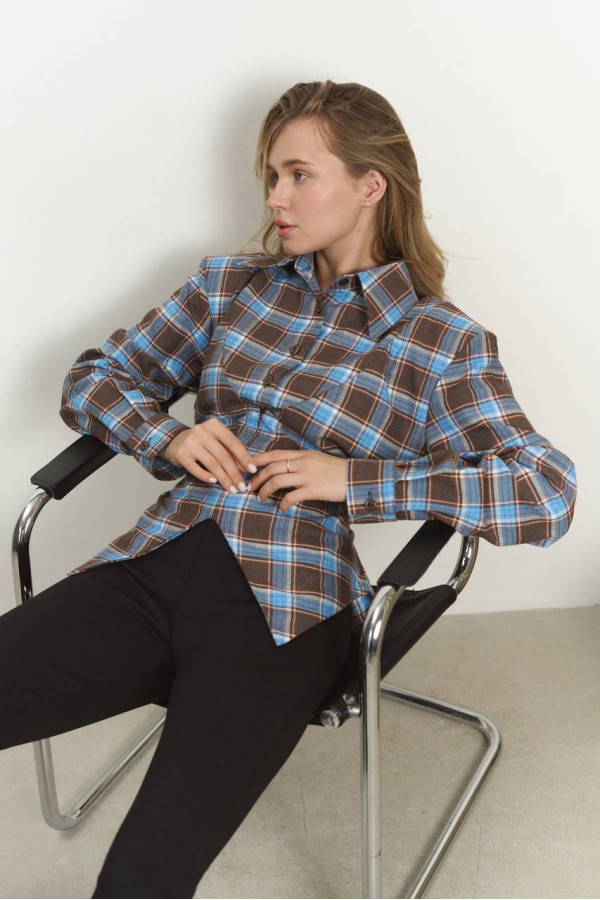 Сорочка клітинка з імітацією корсета  блакитно-шоколадна