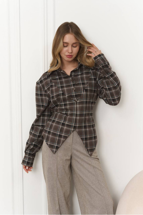 Сорочка клітинка з імітацією корсета  біло-шоколадна