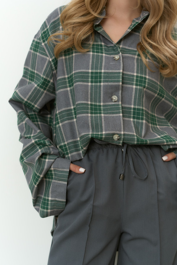Сорочка фланелева оверсайз cіра з зеленим 