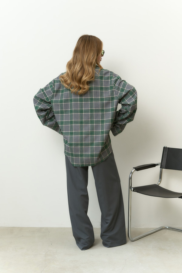 Сорочка фланелева оверсайз cіра з зеленим 