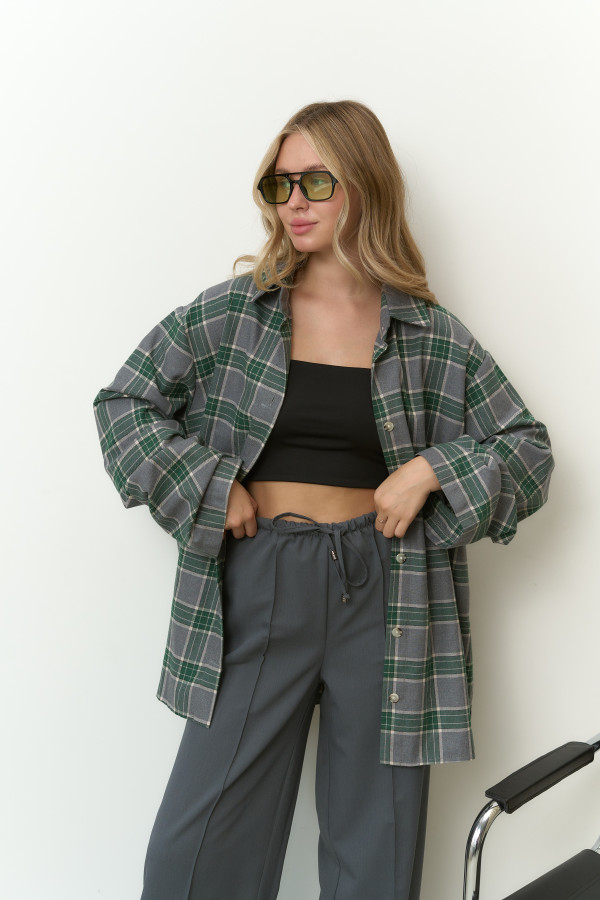 Сорочка фланелева оверсайз cіра з зеленим 