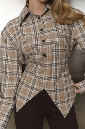 Сорочка клітинка з імітацією корсета бежева в шоколадну клітинку