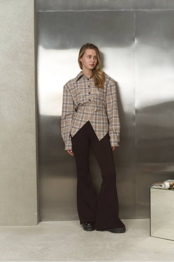 Сорочка клітинка з імітацією корсета бежева в шоколадну клітинку