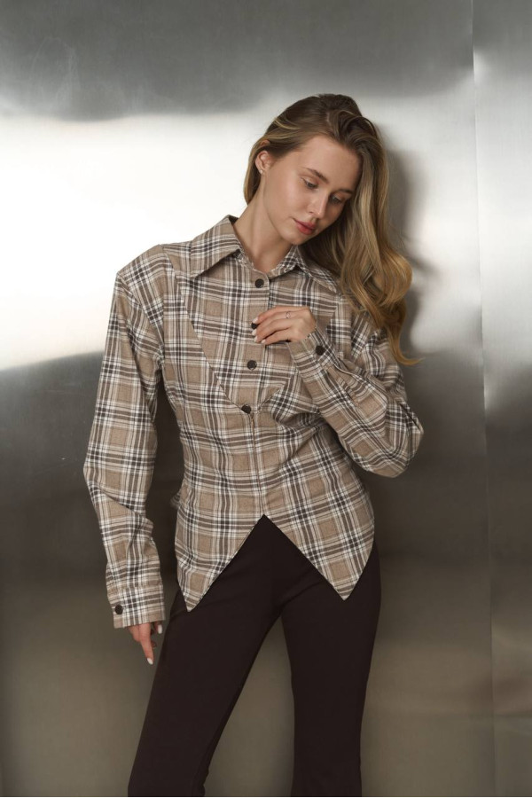 Сорочка клітинка з імітацією корсета бежева в шоколадну клітинку