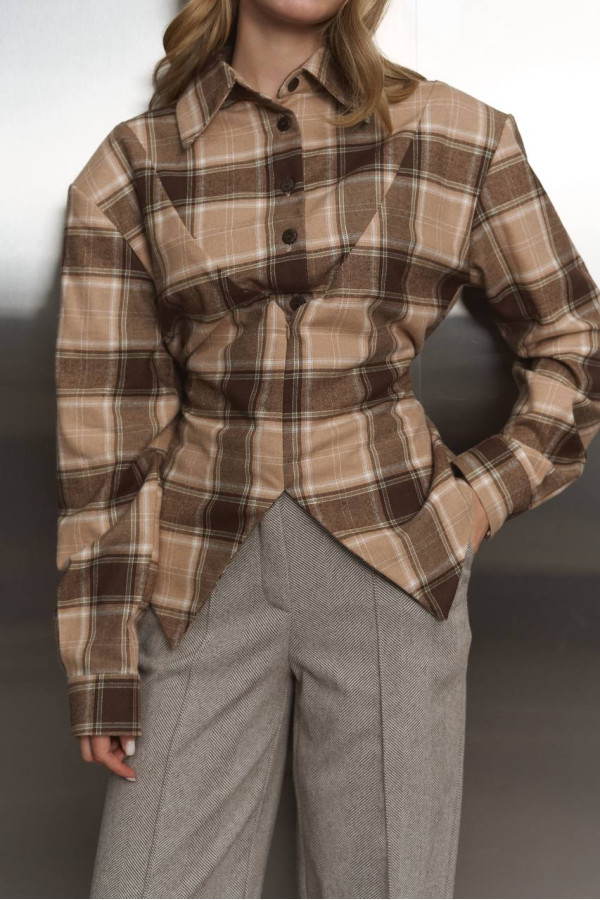 Сорочка клітинка з імітацією корсета бежева в шоколадну крупну клітинку