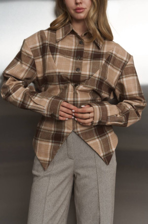 Сорочка клітинка з імітацією корсета бежева в шоколадну крупну клітинку