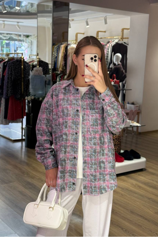 Сорочка фланелева оверсайз сіро рожева