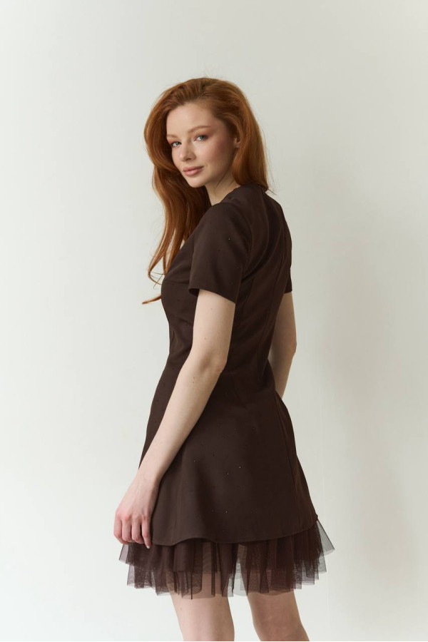 Сукня  зі стразами та сіткою шоколадного кольору