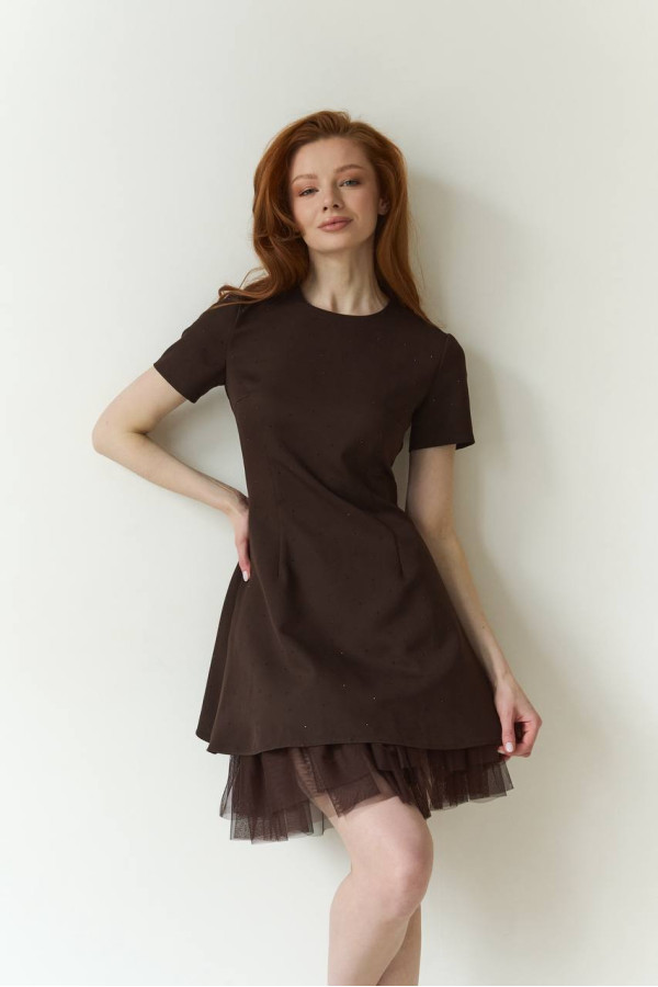 Сукня  зі стразами та сіткою шоколадного кольору