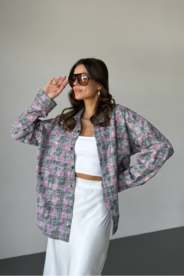 Сорочка фланелева оверсайз сіра з рожевим