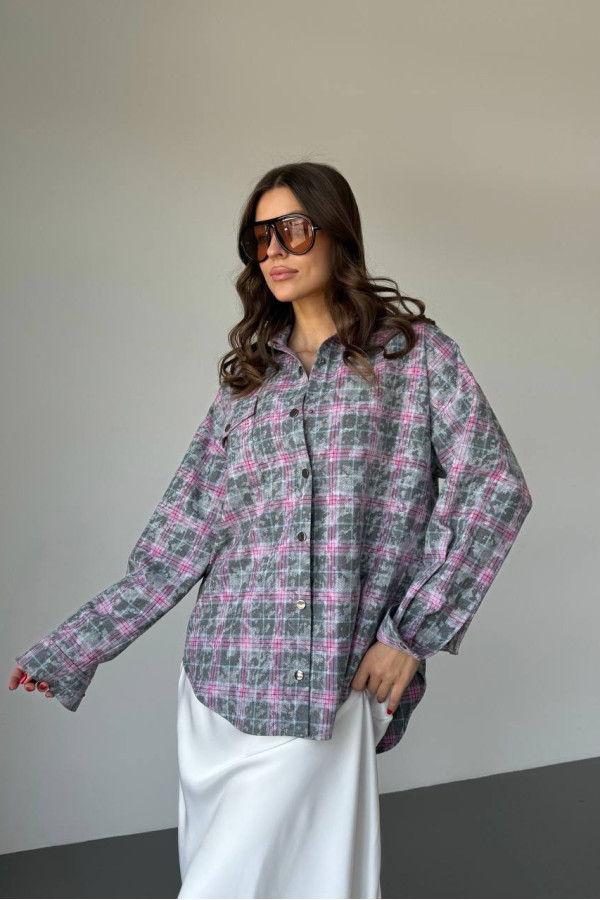 Сорочка фланелева оверсайз сіра з рожевим