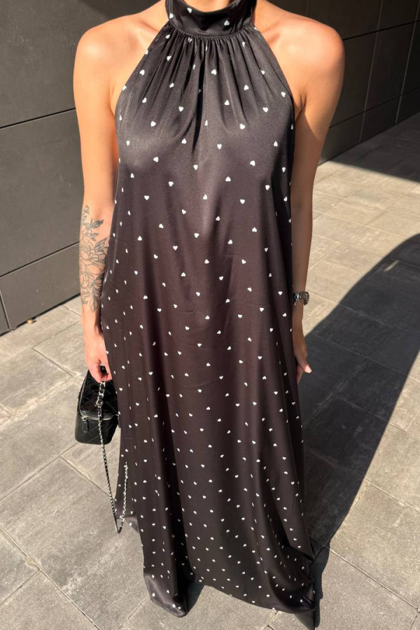 Ніжна сукня максі чорна в принт сердечко