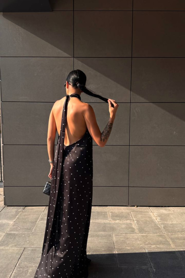 Ніжна сукня максі чорна в принт сердечко